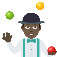 a man in a bowler hat and bow tie juggling three balls