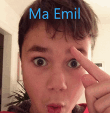 a close up of a young boy 's face with the name ma emil written above him