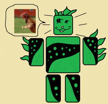 a drawing of a robot with a picture of a chicken in a speech bubble