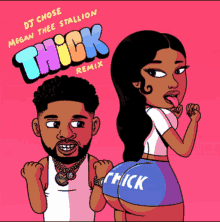 a cartoon of a man and a woman with the words thick remix on the top