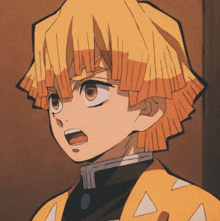 a close up of an anime character with yellow hair