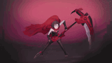 a girl in a red cape is holding a large scythe