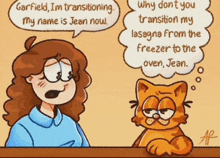 a cartoon of garfield talking to a woman about lasagna from the freezer to the oven