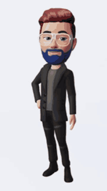 a cartoon man with glasses and a blue beard is standing with his hands on his hips