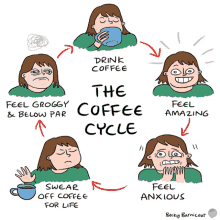 a cartoon of a woman drinking coffee with the words the coffee cycle below her