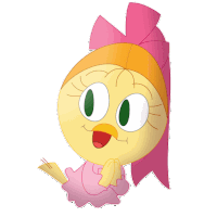 a cartoon chicken wearing a pink dress and orange headband