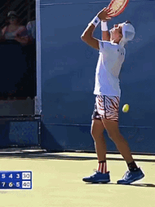 a tennis player is about to serve the ball with a scoreboard behind him that shows the score as 5-4