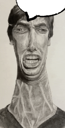 a drawing of a man with a long neck and mouth open