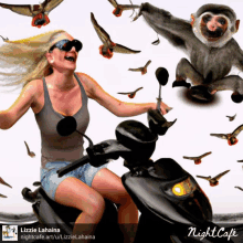 a woman is riding a scooter with birds flying around her and the words night cafe on the bottom