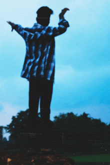 a man in a plaid shirt stands with his arms outstretched in front of a blue sky