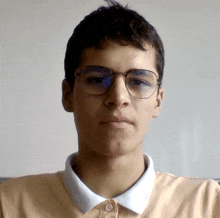 a young man wearing glasses and a polo shirt is looking at the camera