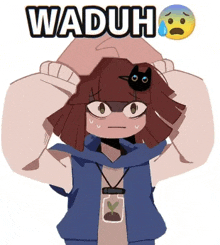 a drawing of a girl with a black cat on her head and the word waduh above her