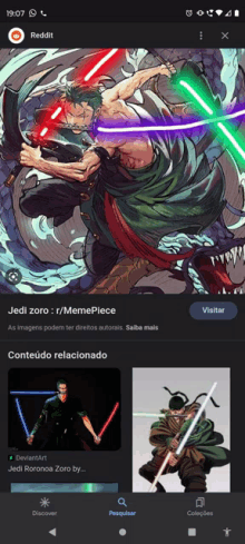 a screenshot of a reddit page showing jedi zoro with lightsabers