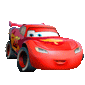 a red cartoon car from the movie cars is driving on a white background and smiling .