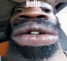 a close up of a person 's face with a beard and the words `` hello '' written on it .