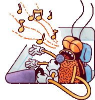 a cartoon of a cockroach singing into a microphone with music notes coming out of it