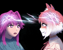 two anime girls are looking at each other with lightning coming out of their head