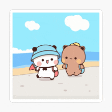 a cartoon of a panda and a brown bear on the beach