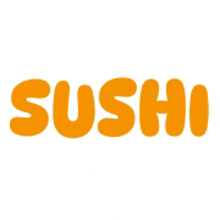 the word sushi is written in orange letters on a white background .