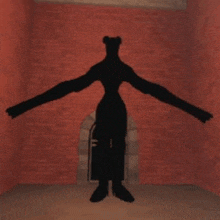 a silhouette of a person with very long arms standing in a room .