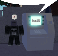 a video game character is standing next to an atm machine that says open atm