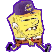 spongebob wearing a purple hat that says lakers on it