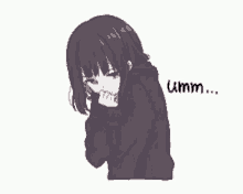 a pixel art drawing of a girl with short hair and the word umm on the bottom .