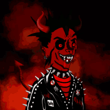 a cartoon of a devil wearing a black jacket with spikes on it