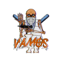 a cartoon of a skeleton holding a gun with the words vamos written below him