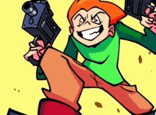 a cartoon of a boy holding a gun and smiling .