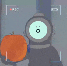 a cartoon character is holding a pumpkin in front of a camera that says rec .