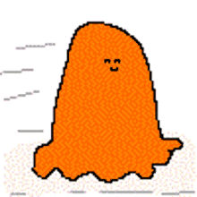 a pixel art drawing of an orange ghost with a smiley face