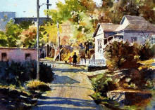 a painting of people walking down a street