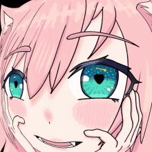 a close up of a girl 's face with pink hair and blue eyes