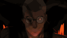 a man with glasses and glowing eyes is smiling in the dark