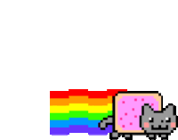 a pixel art drawing of a cat flying through the air with a rainbow behind it .