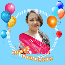 a woman 's face is surrounded by balloons and a happy birthday banner