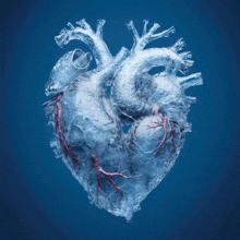 a clear plastic heart with red veins and a blue background