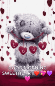 a teddy bear is holding a string of red hearts and says good morning sweetheart .