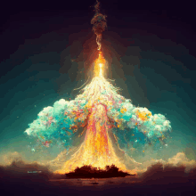 a colorful painting of a nuclear explosion with smoke coming out of it