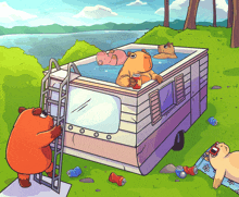 a cartoon illustration of a camper with two bears in a bathtub