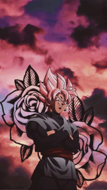 a cartoon character with pink hair is standing in front of a cloudy sky