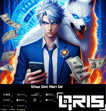 an advertisement for situs slot hari ini shows a man holding money