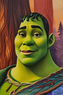 a painting of shrek with a feathered cape around his neck