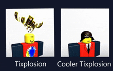 two pictures of a roblox character with a cooler tix explosion .