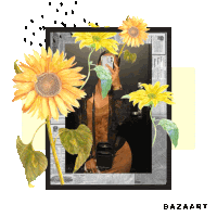 a picture of a woman taking a selfie with sunflowers around her and the words bazaart on the bottom