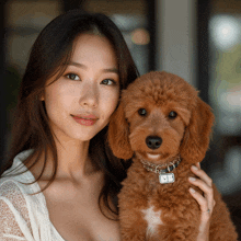 a woman is holding a small brown dog with a tag that says vf