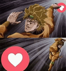 dio from jojo 's bizarre adventure is flying through the air with a heart in the middle .