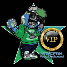 a cartoon of a man holding a microphone and wearing a green wwc collaboration hoodie