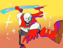 a drawing of papyrus holding a sword with a yellow background